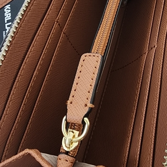 Karl Lagerfeld Monogram Brown Leather Wristlet Taupe Women's Crossbody - Picture 9 of 13